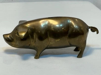 Vintage Solid Brass Pig Piggy Bank Measures 8" Long 3-1/2" Tall - Image 1 of 4