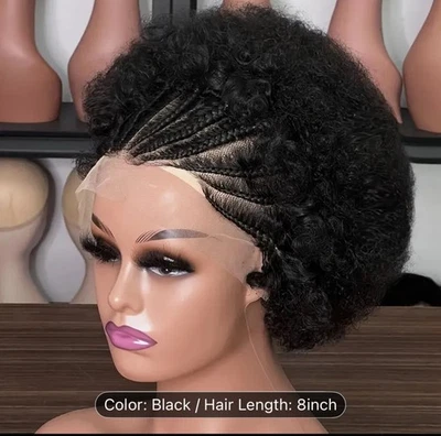 Peluca delantera de encaje trenzado estilo afro rizado para mujer 8 pulgadas negra humana Remy Foto 1 de 4