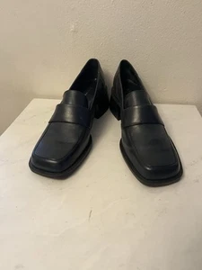 Hillard & Hanson Womens Y2K 90s Navy Blue Leather Block Heel Loafers Shoes 8.5M - Picture 1 of 8