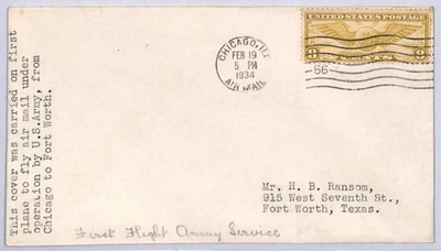 USA Air Mail Cover FIRST FLIGHT Army Service Chicago Fort Worth 8c 1934 YU254 - Image 1 of 4