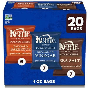 Kettle Brand Variety Pack 20 Individual Bags Potato Chips Sea Salt BBQ Vinegar - Picture 1 of 9