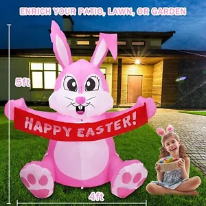 5FT Inflatable Easter Bunny Rabbit Built-in LED lights Illuminated Garden Decor - Picture 1 of 15