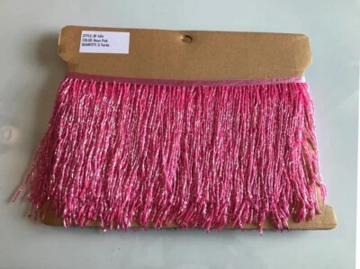 5 Yard Bolt-6"- NEON PINK Glass BUGLE Bead Beaded Fringe Trim Lampshade Costume - Image 1 of 2