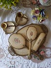 Vintage Petitpoint Oval Dressing Table Set Tray, Candle sticks, Brush Set
