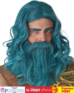 Ocean King Neptune Blue Wig Poseidon Costume Hair Moustache Beard Set - Picture 1 of 1
