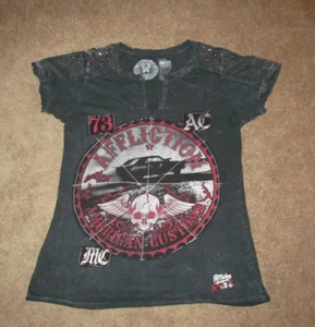 Affliction American Customs Grafik und Nieten T-Shirt Damen Gr. L schwarz - Bild 1 von 8