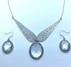 KLIMT STYLE FILIGREE NECKLACE SET  FACETED CLEAR GLASS & DIAMANTE SILVER PLATED - Picture 1 of 9