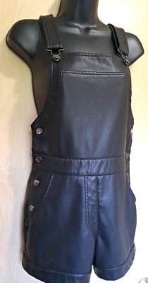FOREVER 21 Black Faux Leather Overall Shorts XS Biker Chick Vegan Club Costume - Image 1 of 4
