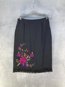 Vintage CLIO Black Silk Straight Pencil Skirt Fringe Floral Embroidery Size 10 - Picture 1 of 11