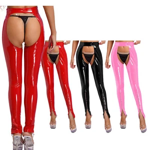 Women's Wet Look Leather Trousers Cutout Pants Shiny Latex Tights Dance Pants - Picture 1 of 46
