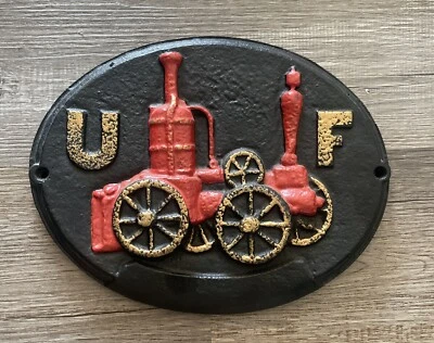 Vintage Cast Metal United Fireman's Insurance U F Red Pumper Plaque Plate - Image 1 of 2