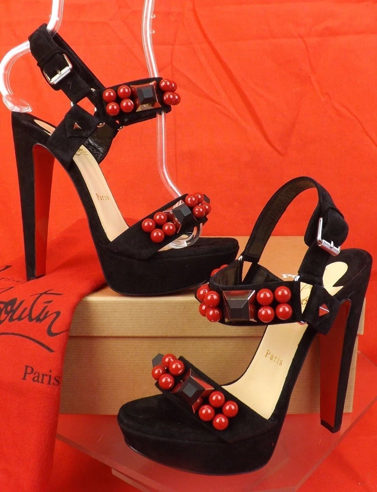 Louboutin Pyrabubble 140 Black Suede Red Studs Platform Sandals PUMPS 40