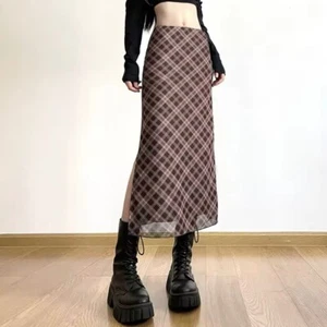 NEU Midi Rock Gr.M braun kariert Netz Pull-On Whimsigoth 90er Y2K - Bild 1 von 8