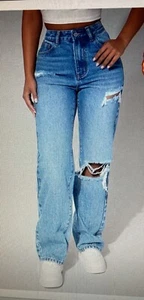 Damen Shein EzWear gebürsteter Stoff hohe Taille zerrissen gerades Bein Jeans 4 (28) - Bild 1 von 8