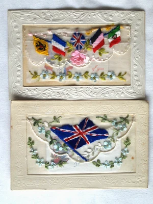 2 FRENCH SILK  POSTCARDS, WW1 ERA, FLOWERS & FLAGS - Image 1 of 2