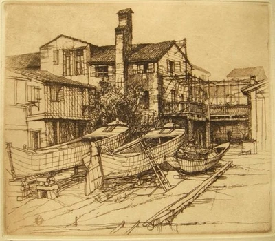 Gravura sépia original assinada por Eric Glidden Scott (australiano); Veneza 1927 - Imagem 1 de 4