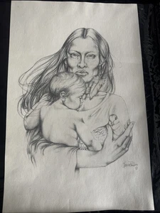 Madre firmada Lorna Poulos de colección nativa americana dibujada a mano sosteniendo bebé - Imagen 1 de 5