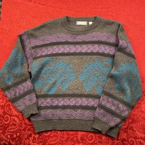 VTG 1990 Saturdays Sweater Mens L Gray Blue Abstract Acrylic Grandpa Cosby - Picture 1 of 9