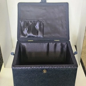 Vintage Navy Fabric Covered Sewing Box Basket Padded With Handle & Storage Tray - Picture 1 of 10