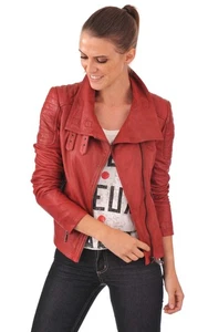 Women Leather Biker Jacket Genuine Red Leather Bomber Jacket XS-2XL FB120 - Picture 1 of 5