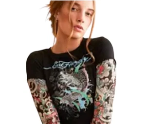 Ed Hardy Layered Tattoo Sleeve Koi Fish Black Graphic T Shirt Y2K Crop Top M - Picture 1 of 9