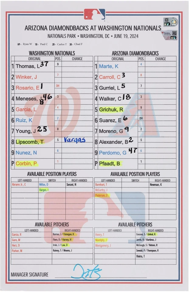 Washington Nationals GU Lineup Card vs. Arizona Diamondbacks on June 19, 2024 - Image 1 of 1