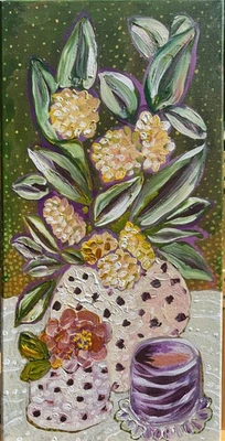 Black Polka Dot Yellow Floral Still Life Original Folk Art Painting Acrylic - Image 1 of 4