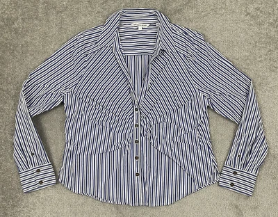 Camisa Top Veronica Barba Joelle Mujer Talla 16 Azul Blanco Rayas Runadas Reunidas Foto 1 de 4