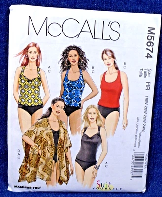McCalls Pattern 5674 Swim Tops Tankini Briefs Bottom Kimono Cover 18W-24W Uncut - Image 1 of 2