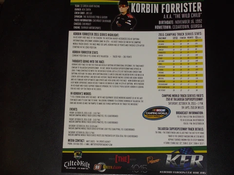 2015 KORBIN FORRISTER #08 "TALLADEGA" TILTED KILT STAT SHEET B/B NASCAR POSTCARD Cover