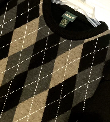 Suéter Argyle Masculino Vintage XL Preto Bronzeado Cinza Acrílico Mistura de Lã Irvine Park - Imagem 1 de 4