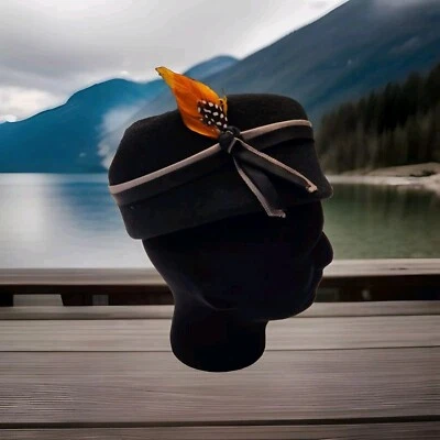 Sombrero para mujer vintage glamour fieltros 100 % lana borde tostado pluma naranja  Foto 1 de 4