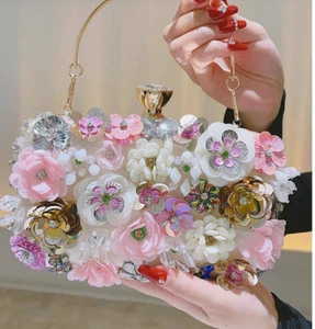 ABENDTASCHE - Clutch mit Perlen Blumen beige, Hochzeit, Brautjungfer 03B - Bild 1 von 6