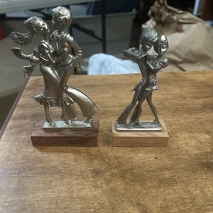 2 Nichel Argentato Dancing Couples Pewter Figures On Wood Very Beautiful. - Picture 1 of 6