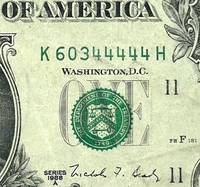 60344444 - Fancy Five In A Row Serial - 1988A $1 Federal Reserve Note - Image 1 of 3