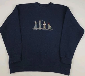 Vintage 90s Lighthouse Embroidered Knit Crewneck Sweatshirt USA Made Lake Sail - Bild 1 von 4