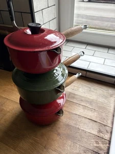 Vintage Le Creuset Enamel Cast Iron Saucepan Set – Red & Olive Green - Picture 1 of 4