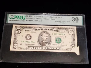 1995 $5 Atlanta PMG 30 BUTTERFLY FOLD ERROR (Z-0450) - Picture 1 of 2