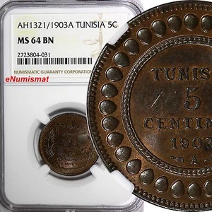 TUNISIA Muhammad al-Hadi Bey AH1321/1903A 5 Centimes NGC MS64 BN  KM# 228 (031) - Picture 1 of 4