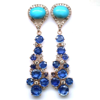 Gemstone Blue Larimar, Kyanite & Zircon Earrings 925 Silver Rose Gold  - Image 1 of 4
