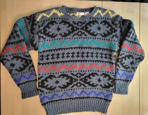 Suéter vintage Claiborne tejido a mano 100 % lana gris multicolor talla grande - Imagen 1 de 4