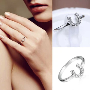 HORSESHOE SHAPED WHITE GOLD-PLATED RING SIZE 6 (J219) CZ STONES - Picture 1 of 6