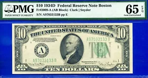 1934D $10 Federal Reserve Note PMG 65EPQ 2nd highest graded AB Block Fr 2009-A - Picture 1 of 3