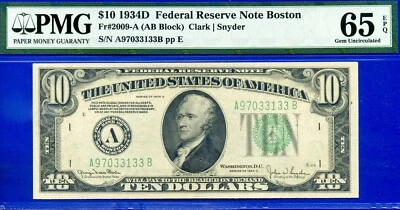 1934D $10 Federal Reserve Note PMG 65EPQ 2nd highest graded AB Block Fr 2009-A - Image 1 of 3