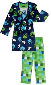 NWT 3 PC Kids Minecraft Creeper Pajamas Robe Set Hoodie Cover Up Boy Girl 6 8 10 - Picture 1 of 5