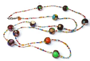 Sobral Bolas Bolinha Longo Polka Dot Inclusion Matte Brown Orb Bead 62" Necklace - Picture 1 of 5