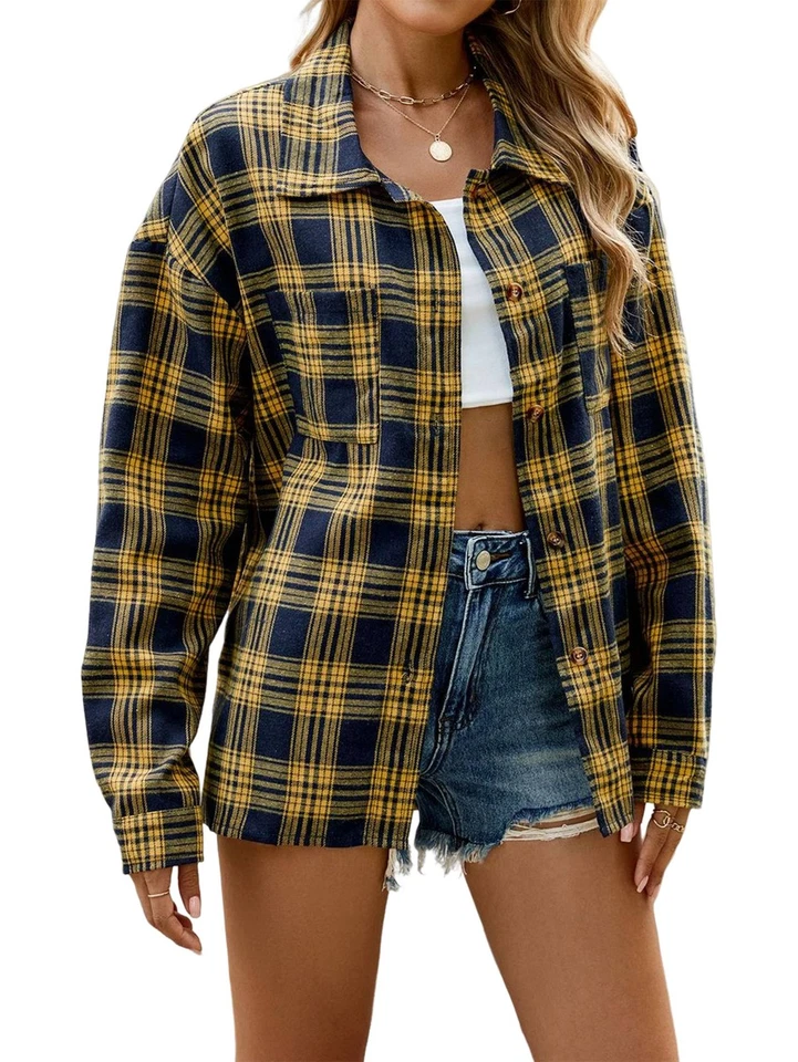 Womens Button Down Flannel Shirts Long Sleeve Plaid Shackets Business1722 - Image 1 of 1