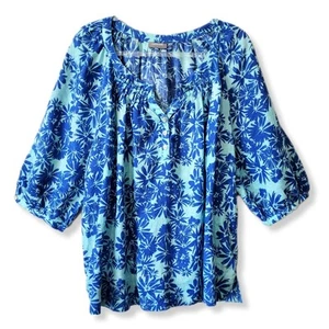 Women Blue Floral Linen Hawaiian Print Blouse Top Boho Casual Colorful Peasant - Picture 1 of 8