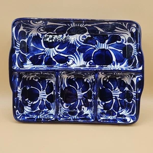 Mexikanische Talavera Keramik Platte geteilt Schale blau & weiß Kobalt Snack Tablett Vintage - Bild 1 von 10