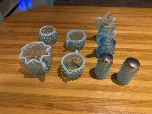 Fenton Blue Opalescent 8 Piece Cruet, Cream Sugar, Salt Pepper Oil & Vinegar Set - Picture 1 of 7